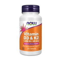 NOW Foods Vitamin D-3-K-2 bottle with 120 vegan capsules for bone and heart support.