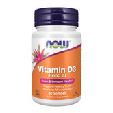 NOW Foods Vitamin D-3 softgels bottle showing high potency formula for bones