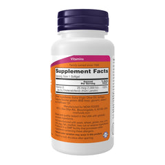 NOW Foods Vitamin D-3 softgels closeup highlighting easy-to-swallow liquid softgels