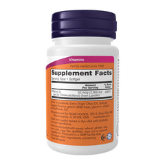 NOW Foods Vitamin D-3 softgels label emphasizing immune and bone support