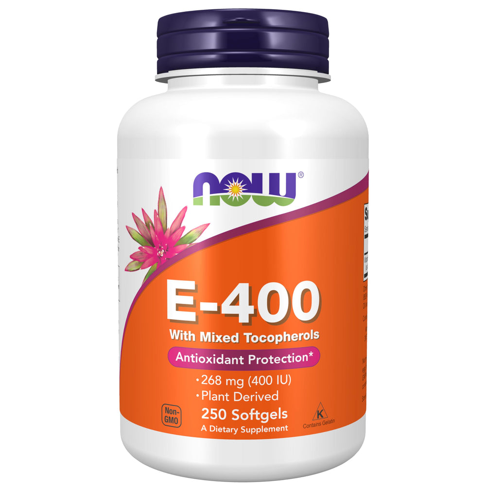 NOW Foods Vitamin E-400 IU bottle with softgels highlighting antioxidant protection.