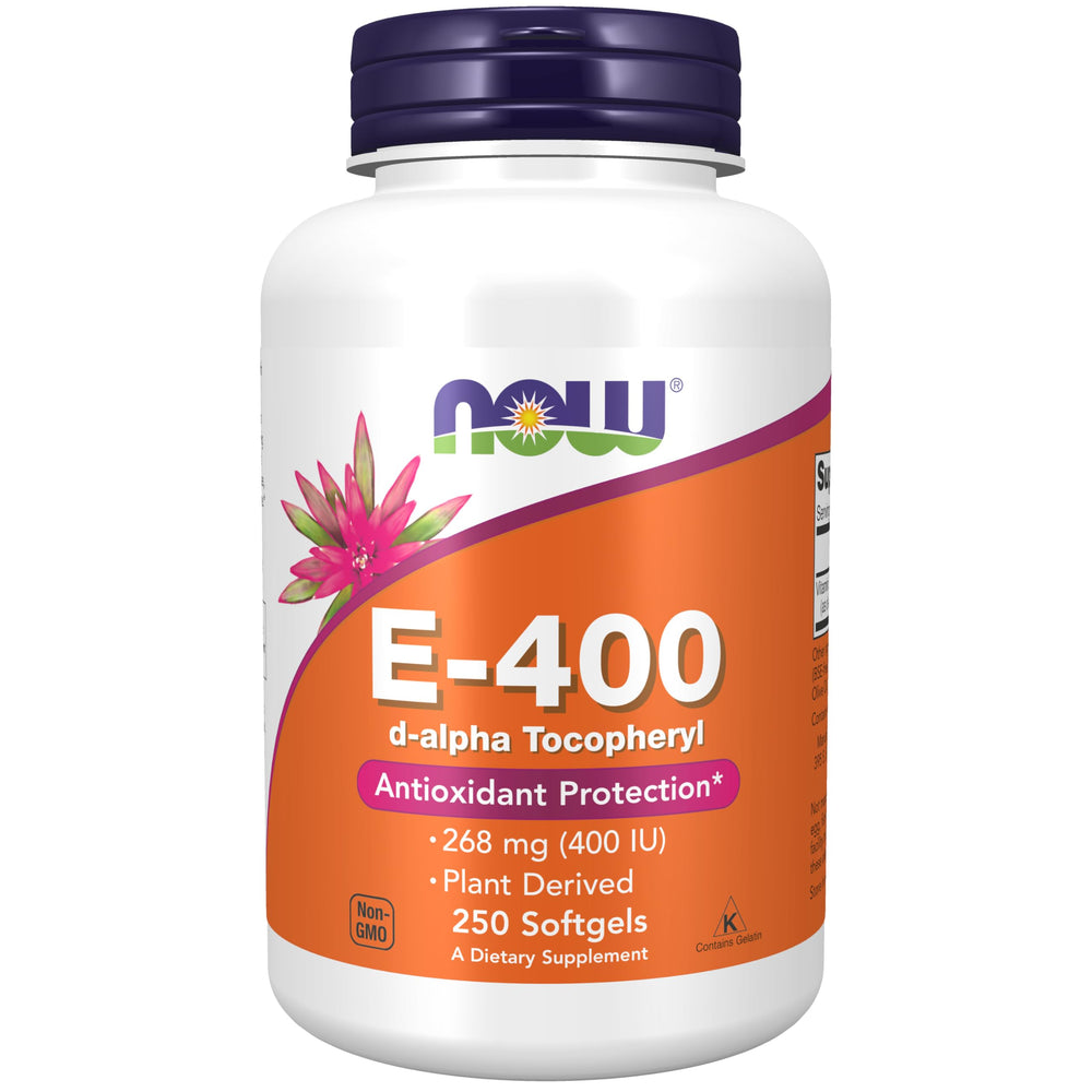 NOW Foods Vitamin E-400 IU softgel bottle on white background for antioxidant protection.