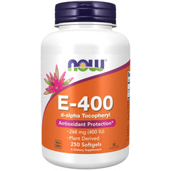 NOW Foods Vitamin E-400 IU softgel bottle on white background for antioxidant protection.
