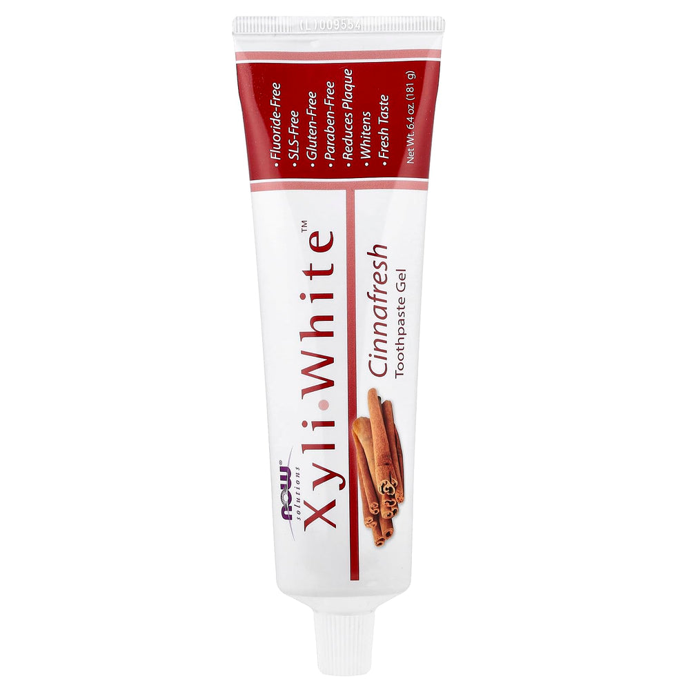 NOW Foods Xyliwhite Cinnafresh toothpaste front label shows cinnamon flavor for daily use