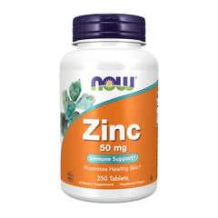 NOW Foods Zinc Gluconate 50 mg bottle packaging shows trusted daily immune support.