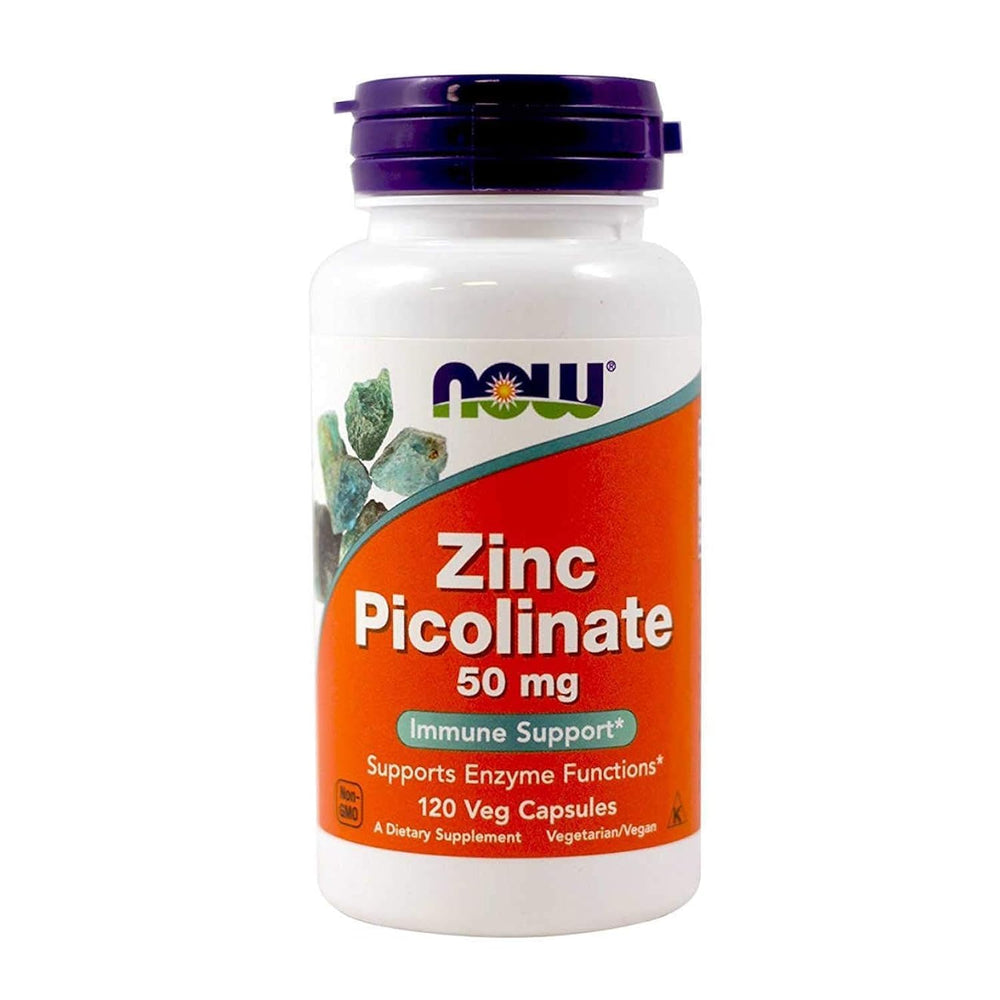 NOW Foods Zinc Picolinate 50 mg bottle front with 120 capsules for daily support