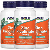 NOW Foods Zinc Picolinate 50 mg bottle pour illustrating daily supplement use for enzyme function support.