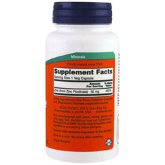 NOW Foods Zinc Picolinate 50 mg label close-up showing non-GMO and vegan attributes.