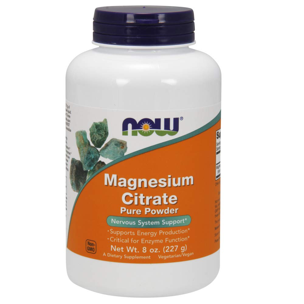 NOW Foods Magnesium Citrate Powder bottle front, pure powder for easy mixing.