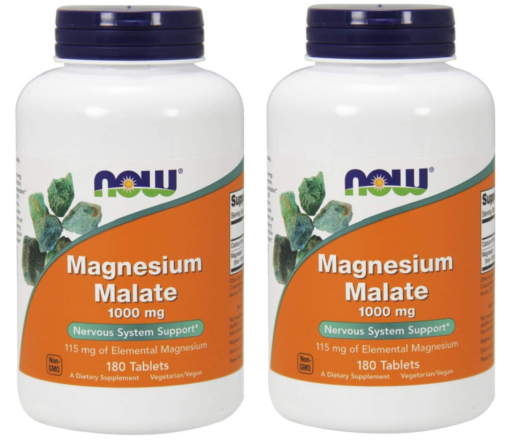 NOW Foods Magnesium Malate 1000mg bottle close-up showing dosage for energy support and muscle function.