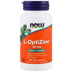 NOW Opti-L-Zinc capsules bottle front; convenient daily immune support.