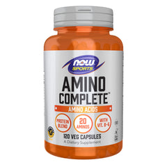 NOW Foods Amino Complete bottle front showing the 20 amino acids and product branding for athletic support.