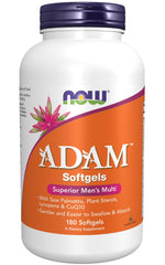 NOW Foods ADAM softgel bottle pours, convenient daily supplement for men's health.