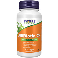 NOW Foods AlliBiotic CF garlic extract bottle supports immune health potential and herbal wellness.