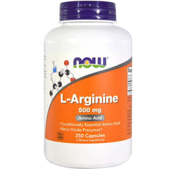 Now Foods L-Arginine cap close-up label highlighting 250 veggie capsules per pack.
