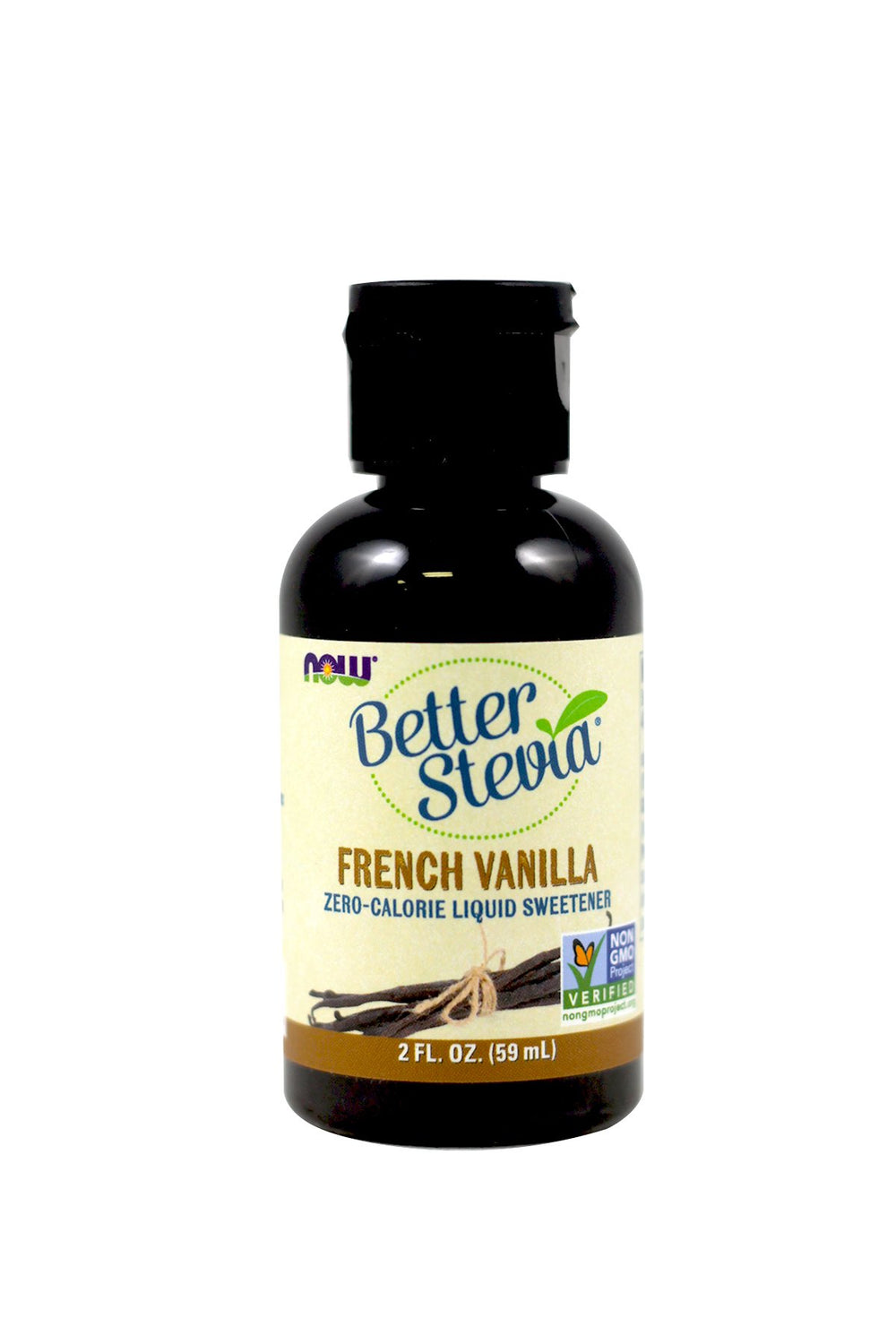 Now Foods BetterStevia Liquid Extract bottle pour demonstrates zero-calorie sweetness for drinks.