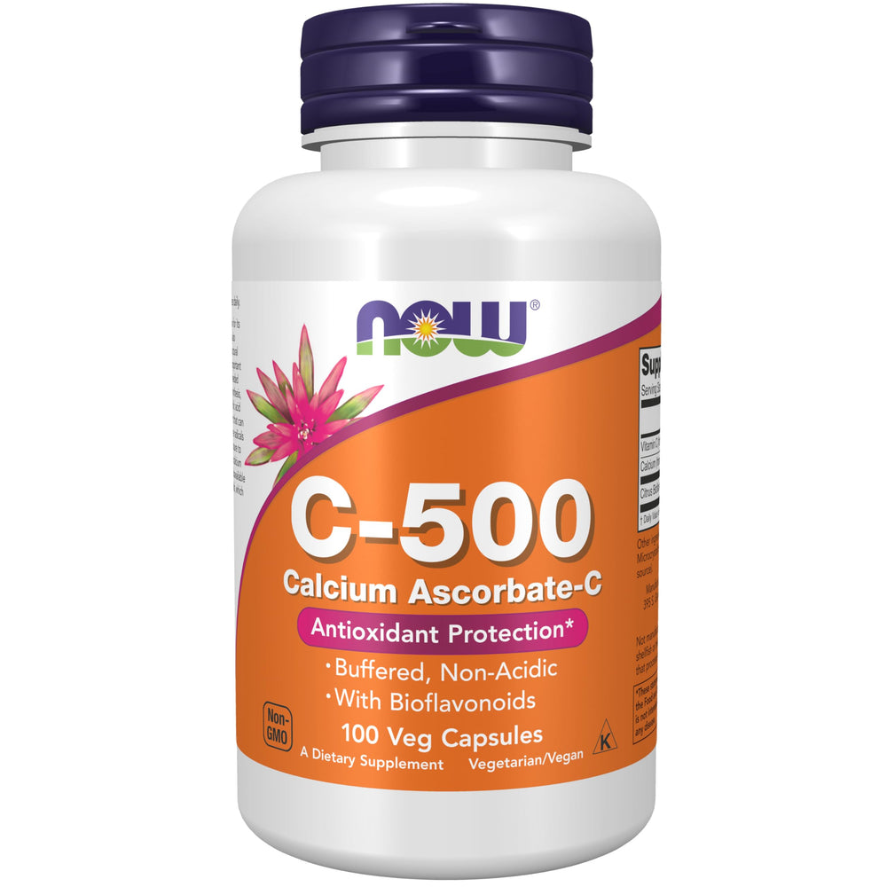 NOW Foods C-500 Calcio-ascorbato en botella para suplementación diaria.