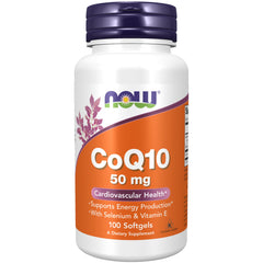 NOW Foods CoQ10 50 mg softgels packaging highlights convenient daily energy support