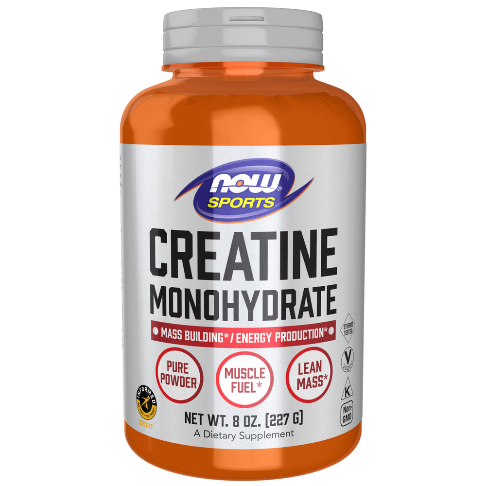 NOW Foods Creatine Monohydrate bottle on display for reliable athletic support.