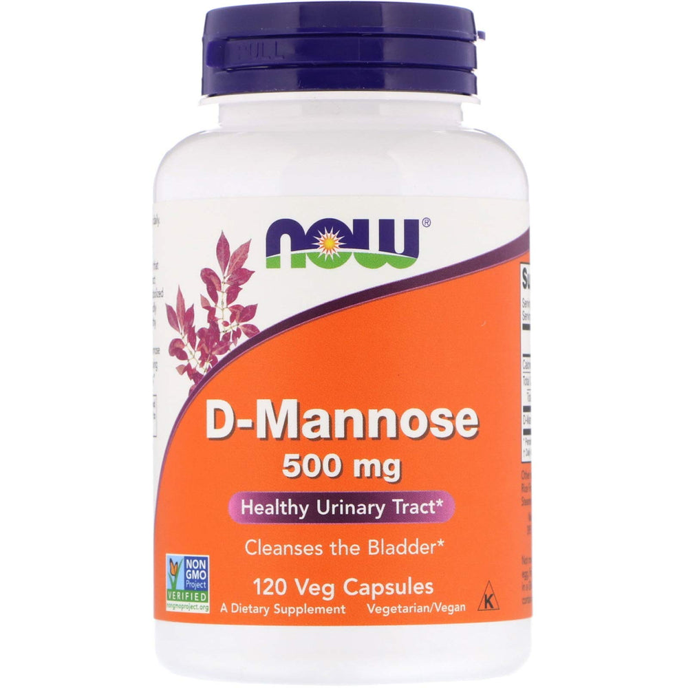 NOW Foods D-Mannose 500mg bottle front view highlights easy-to-take capsules for urinary tract support.