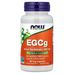 Now Foods EGCG green tea extract bottle close-up showing label and antioxidant support.