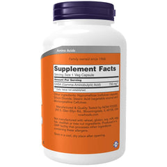 Close-up of NOW Foods GABA 750 mg label highlighting certifications.