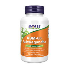 NOW Foods KSM-66 Ashwagandha bottle highlights full-spectrum extract for daily balance.