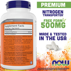 Close-up of NOW Foods L-Glutamine 500 mg capsules for easy on the go use