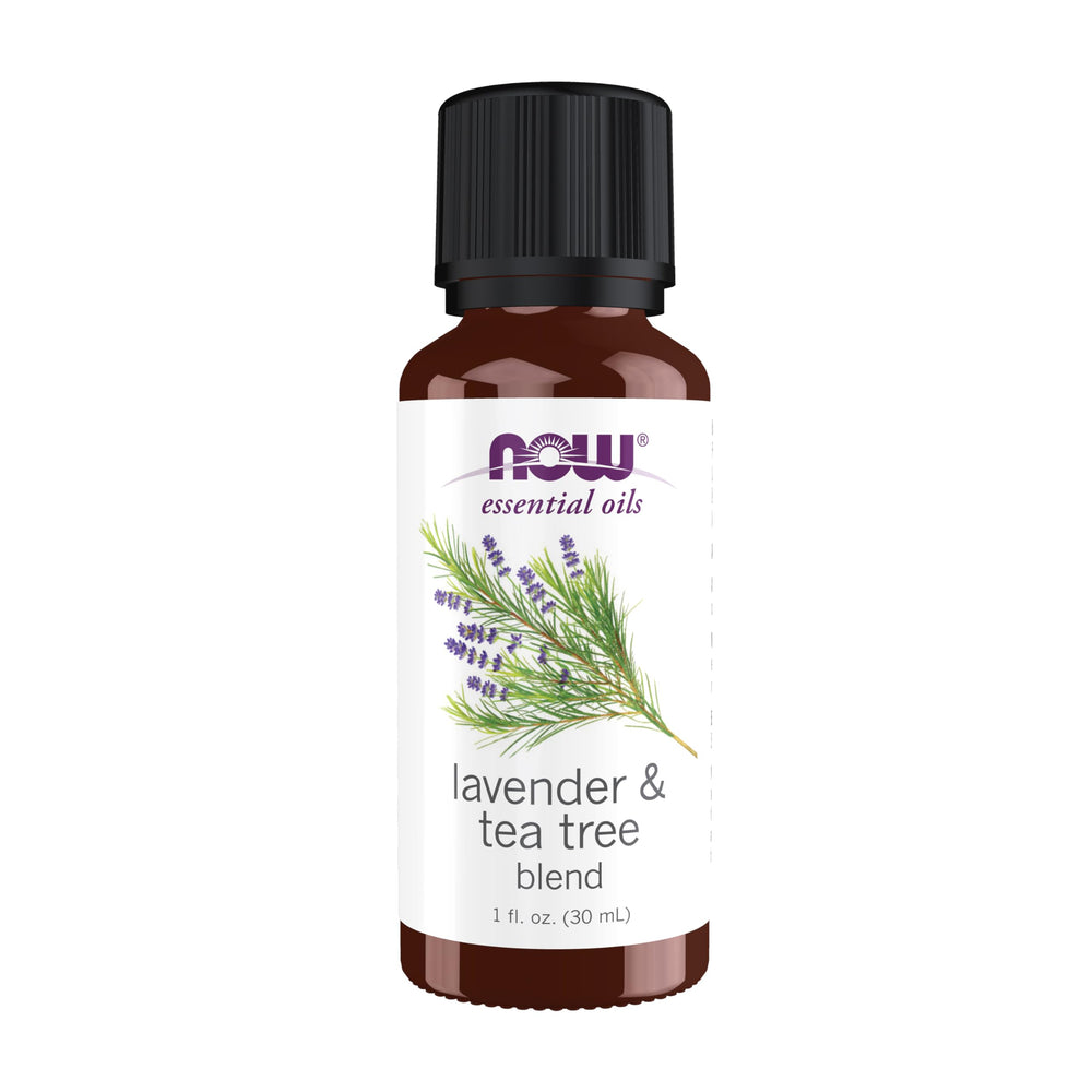 NOW Foods lavender-tea-tree-oil bottle for calming aromatherapy at home.