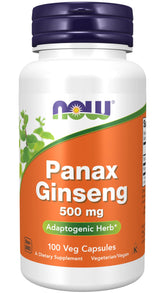 NOW Foods Panax Ginseng bottle front view, adaptogenic daily wellness support.