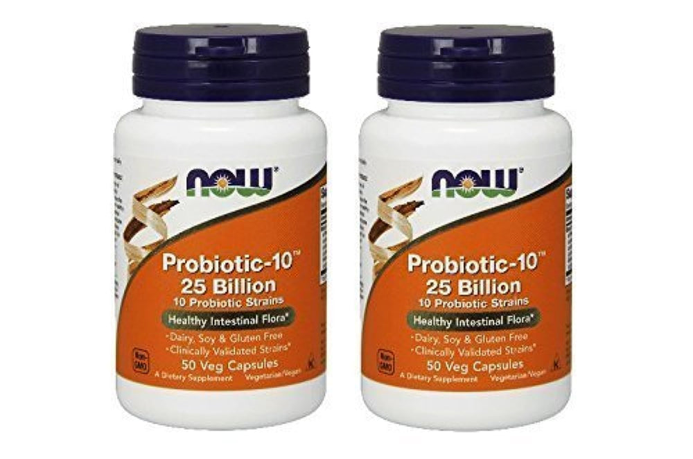 NOW Foods Probiotic-10 bottle label close-up for daily probiotic use