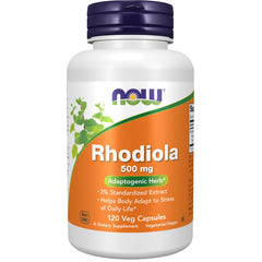 NOW Foods Rhodiola 500 mg bottle side view highlighting reliable adaptogenic support for daily life