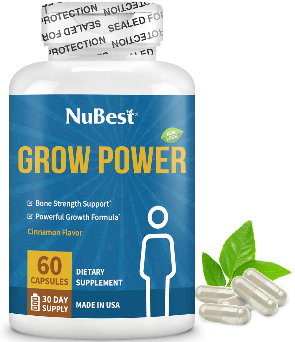 NuBest Grow Power bottle front highlights bone support for growing kids.
