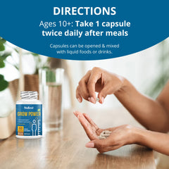 NuBest Grow Power capsules closeup emphasizes calcium and vitamin D for bone health.