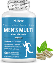 NuBest multivitamin for men bottle packaging highlighting comprehensive nutrients for daily wellness