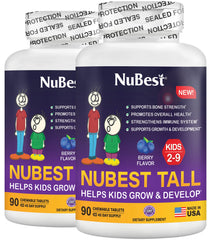 NuBest Tall Kids berry chewable tablets in a bottle to support growing kids daily nutrition.