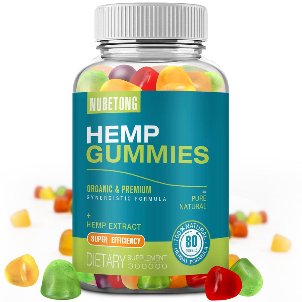 Nubetong Hemp Gummies bottle close-up highlighting tropical flavor for everyday calm.