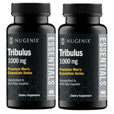 Nugenix Essentials Tribulus bottle label shows 1000mg plant-derived extract for daily vitality.