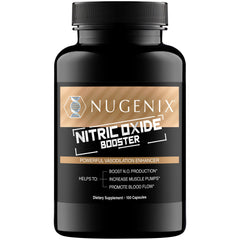 Nugenix Nitric Oxide Booster bottle on a shelf for daily workout support.