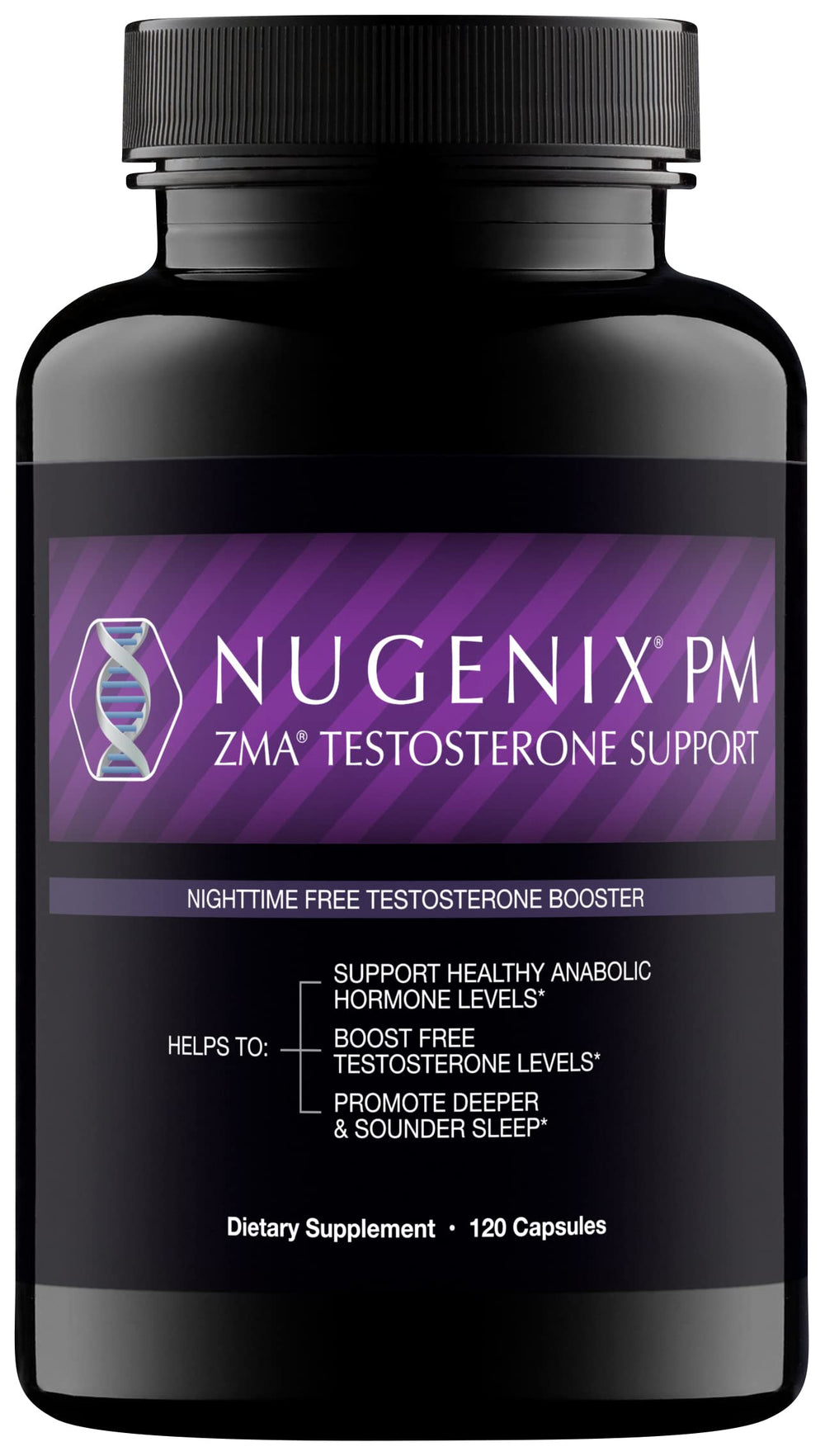 Nugenix PM ZMA bottle seen from the side, nighttime formulation emphasis.