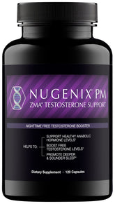 Nugenix PM ZMA bottle seen from the side, nighttime formulation emphasis.