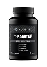 Nugenix T Booster bottle label highlights premium formula for daily energy and performance support.