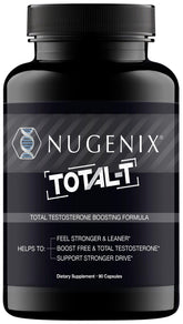 Nugenix Total-T bottle front with energy and performance support for workouts.