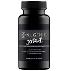 Nugenix Total-T bottle front view highlighting testosterone support for workouts.