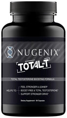 Nugenix Total-T bottle front with energy and performance support for workouts.