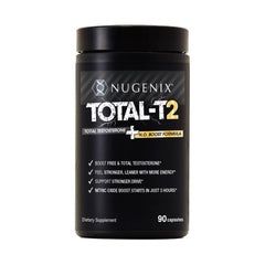 Nugenix Total-T2 bottle front view highlighting premium testosterone and NO support