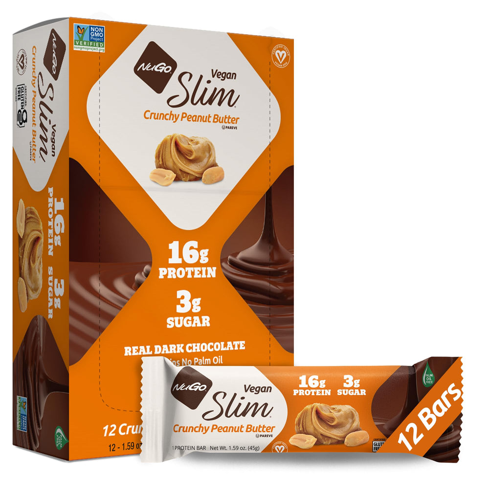 NuGo Slim package front showing gluten-free vegan protein snack.