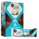 NuGo Slim packaging highlights vegan and keto-friendly snack with dark chocolate and toasted coconut