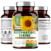 Number One Nutrition premium phosphatidylserine 400mg bottle label highlighting sunflower-derived formula for memory support.