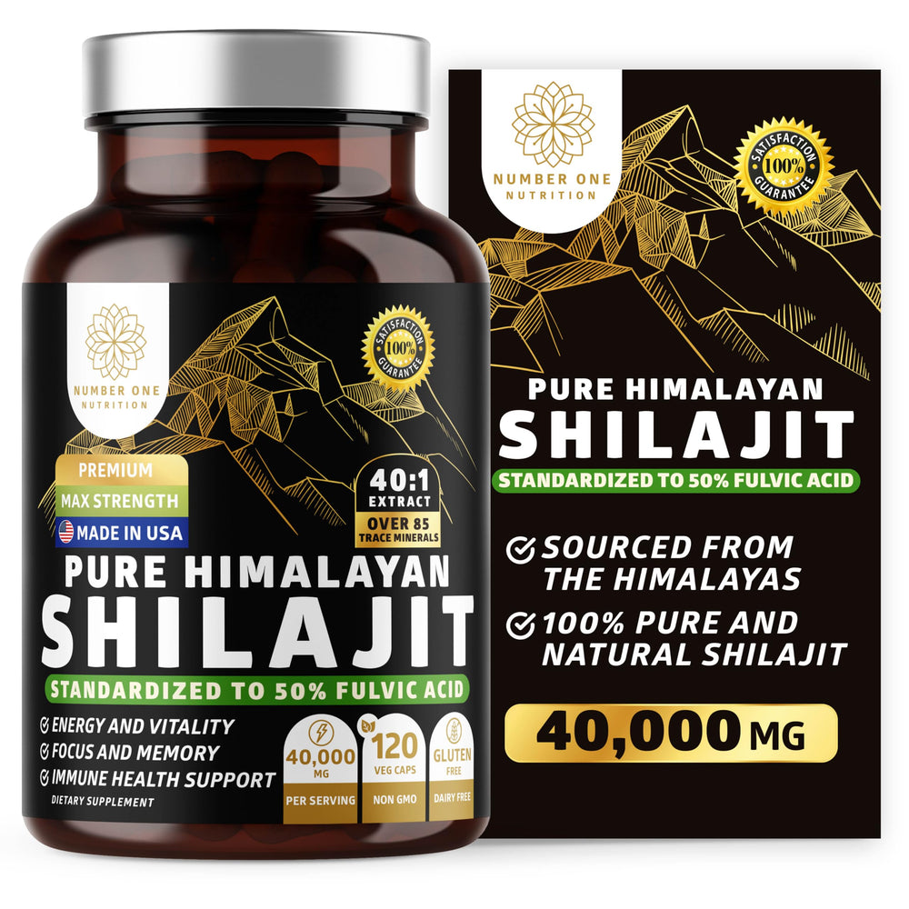 Number One Nutrition Shilajit bottle label highlights Himalayan purity for daily energy support.